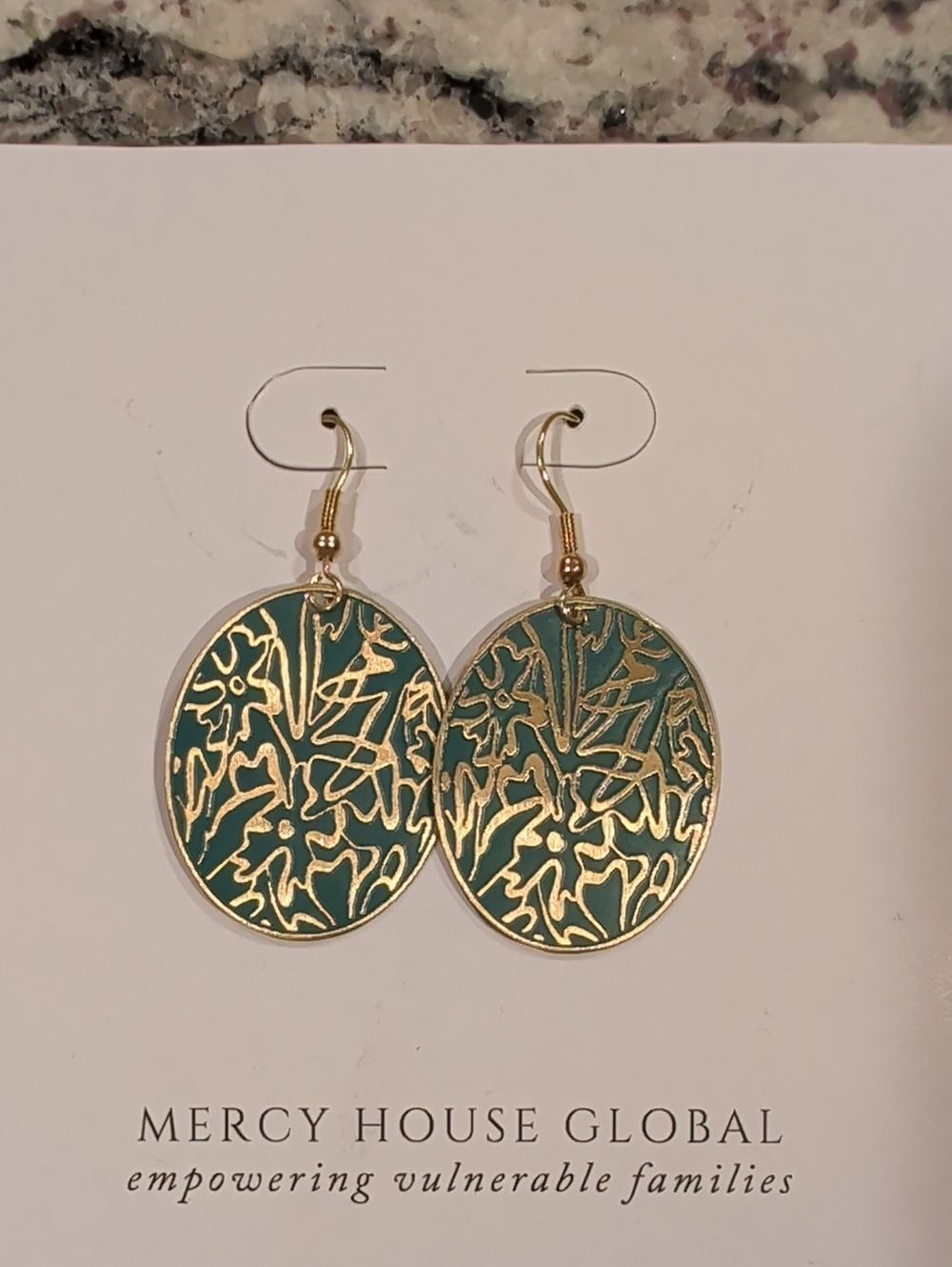 Teal & Gold Floral Oval Drop Earrings
